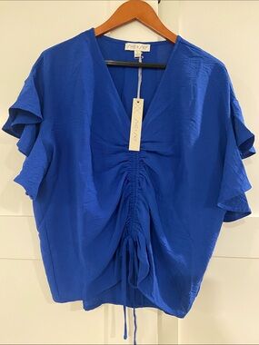 She + Sky Cobalt Blue Ruched V-Neck Blouse